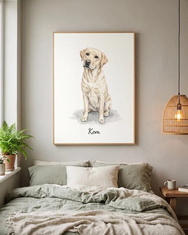 Tranh bé ngồi nền trắng · Labrador
