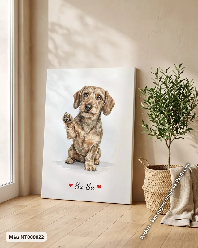 Tranh chó Lạp xưởng ngồi vẫy tay nền trắng · góc khác