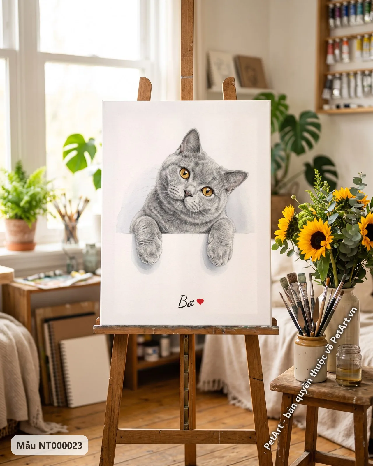 Ảnh thực tế: Mèo Anh lông ngắn màu xám với đôi mắt vàng, thò hai chân trước qua mép trắng, đầu nghiêng nhẹ.