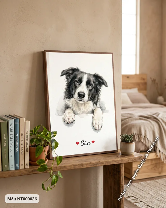 Tranh chó Border Collie thò chân nhìn nghiêng · góc khác