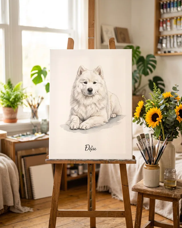 Tranh bé nằm nền trắng · Samoyed