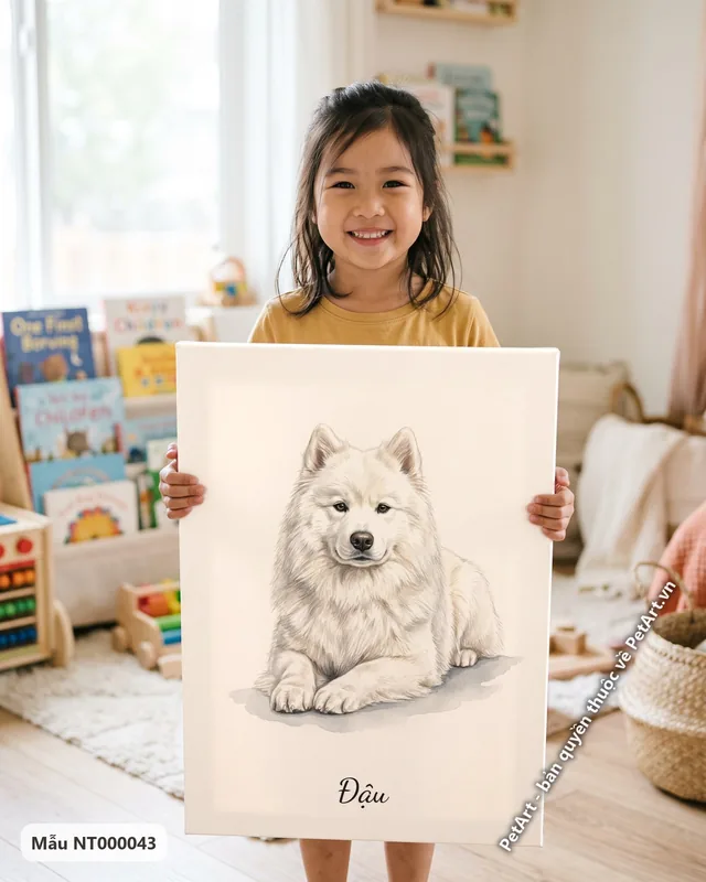 Tranh chó Samoyed nằm nền trắng · góc khác