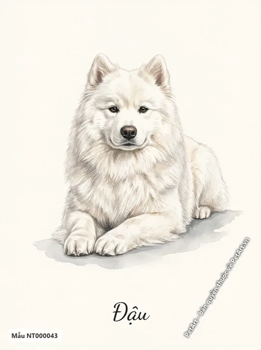 Tranh chó Samoyed nằm nền trắng · ảnh tranh