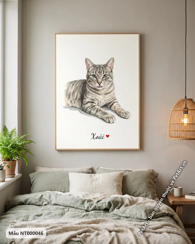 Mèo mướp xám nằm, phong cách tranh nền trắng · góc khác