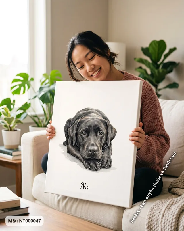 Chó Labrador đen nằm, phong cách tranh nền trắng · góc khác