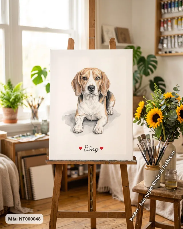 Chó Beagle nằm, phong cách tranh nền trắng · góc khác