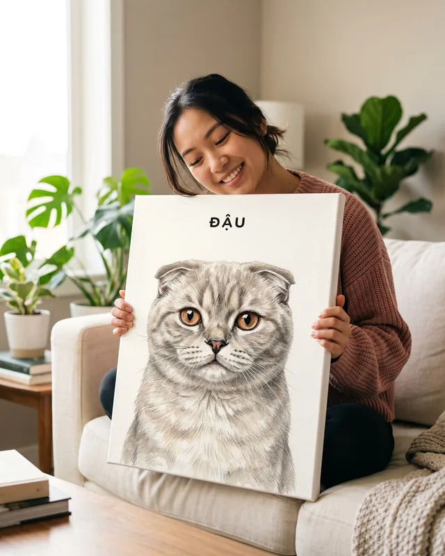 Tranh chân dung tối giản tên trên · mèo tai cụp