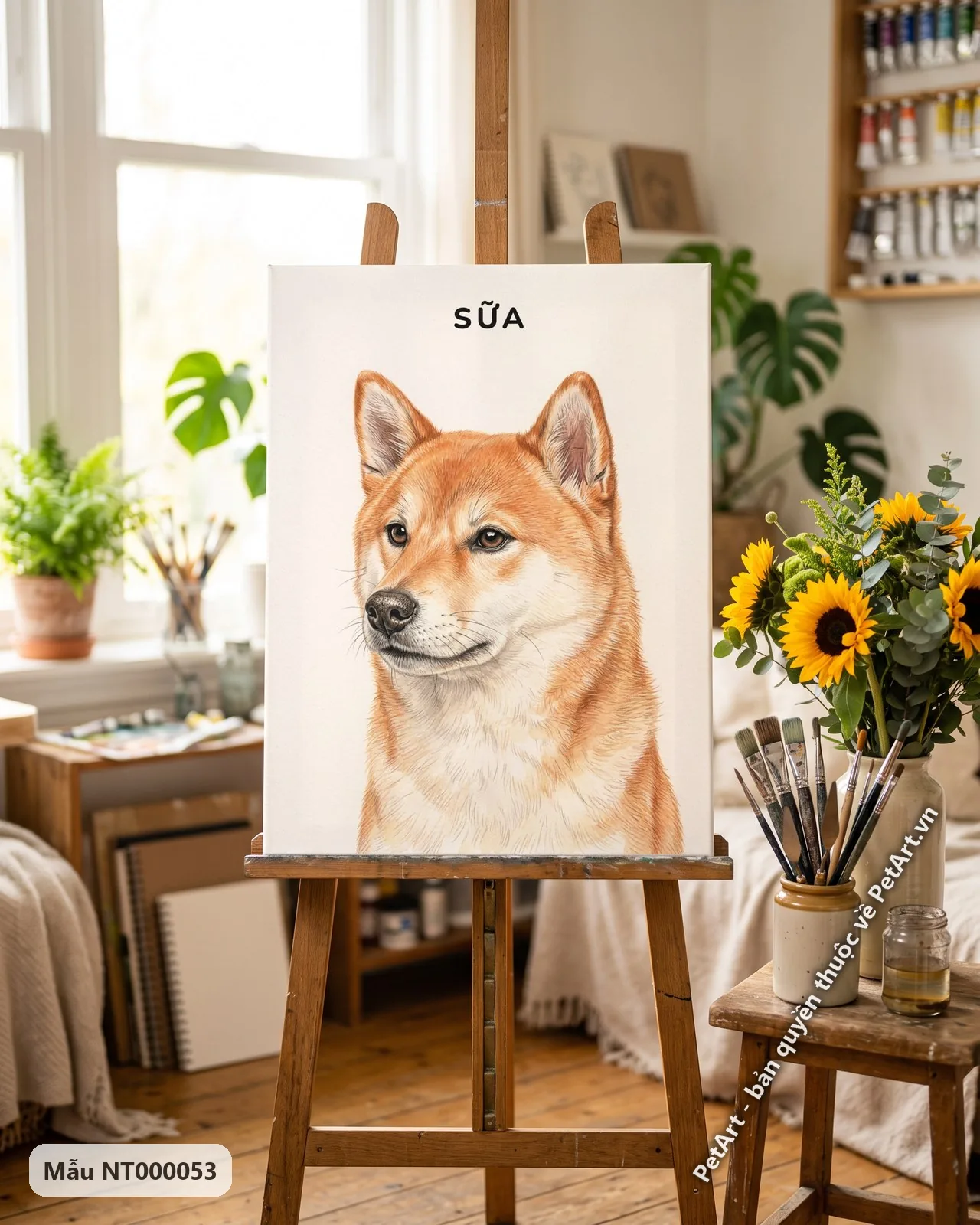 Ảnh thực tế: Chân dung một chú chó Shiba màu vàng cam với đôi tai dựng đứng, nhìn nghiêng trên nền trắng.