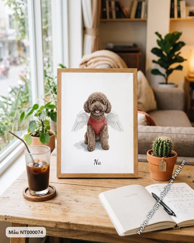 Chó Poodle nâu thiên thần cánh trắng áo đỏ · góc khác