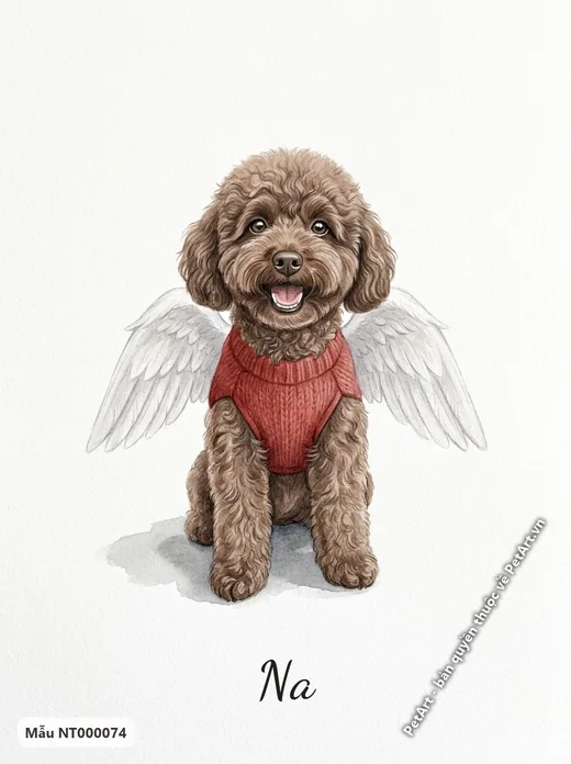 Chó Poodle nâu thiên thần cánh trắng áo đỏ · ảnh tranh