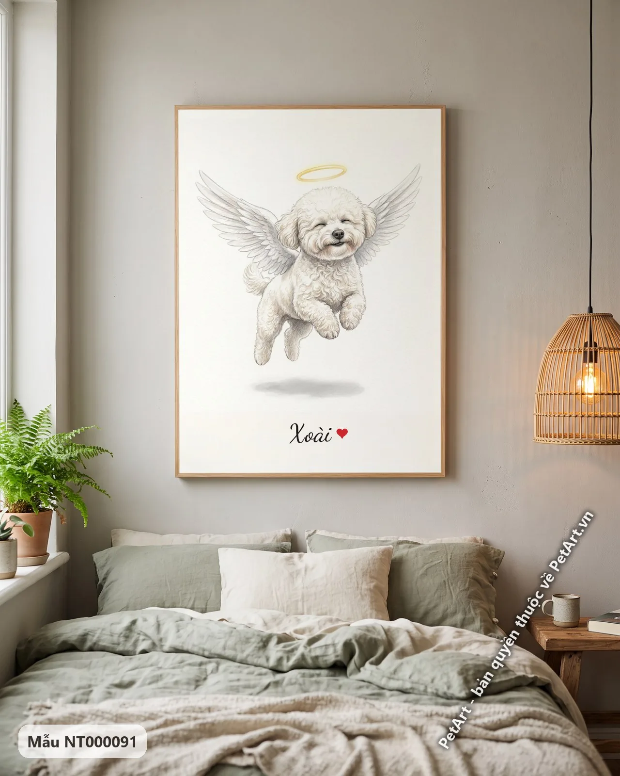 Ảnh thực tế: Chó Bichon trắng muốt lông xù bay lơ lửng, mắt nhắm, có đôi cánh trắng và vầng hào quang vàng.