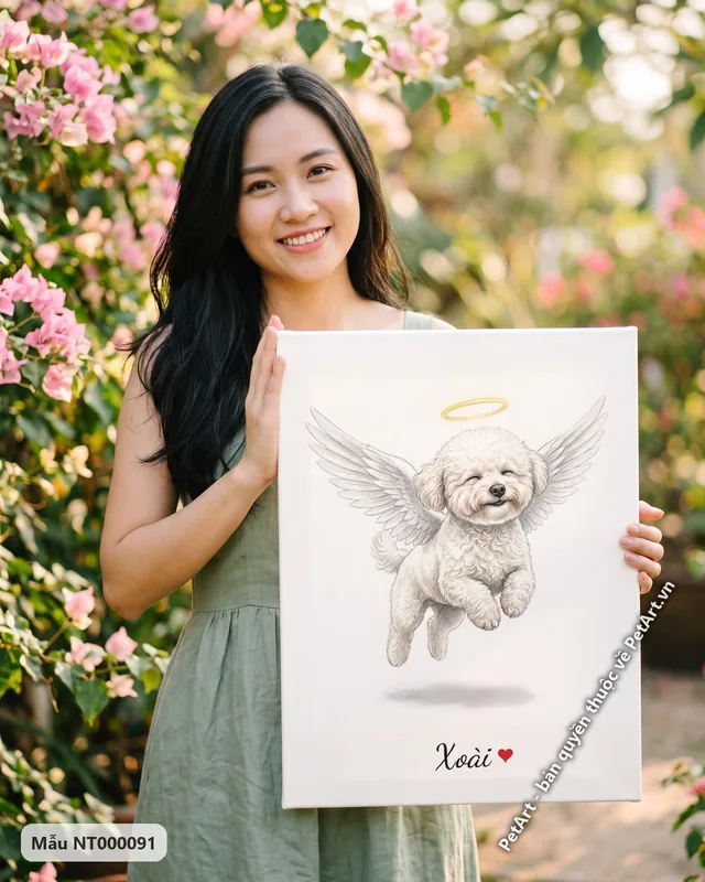 Chó Bichon thiên thần bay, hào quang, mắt nhắm · góc khác