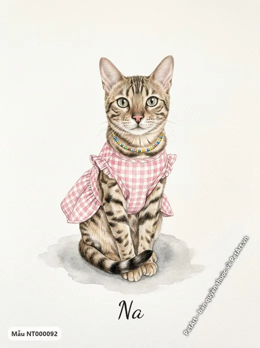 Mèo Bengal diện váy hồng, vòng cổ hạt · ảnh tranh