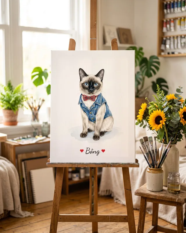 Tranh bé diện đồ xinh · mèo Xiêm