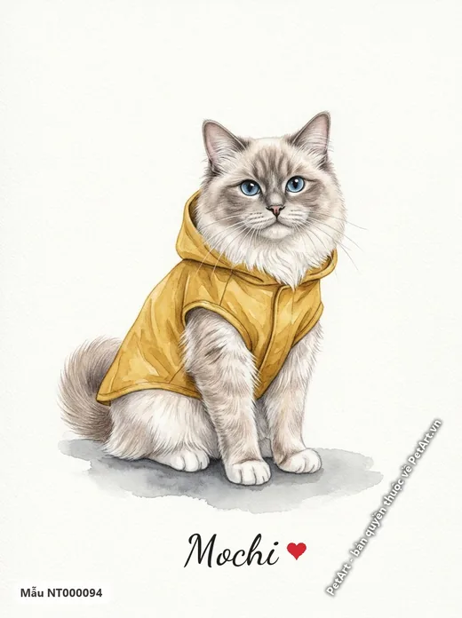 Tranh mèo Ragdoll diện áo mưa vàng xinh xắn · ảnh tranh