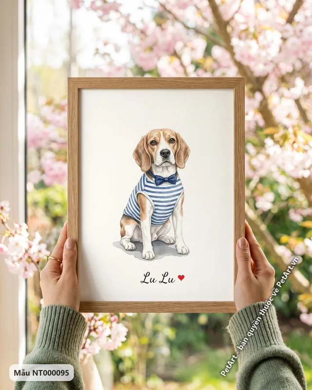 Tranh chó Beagle mặc áo sọc nơ xanh đáng yêu · góc khác