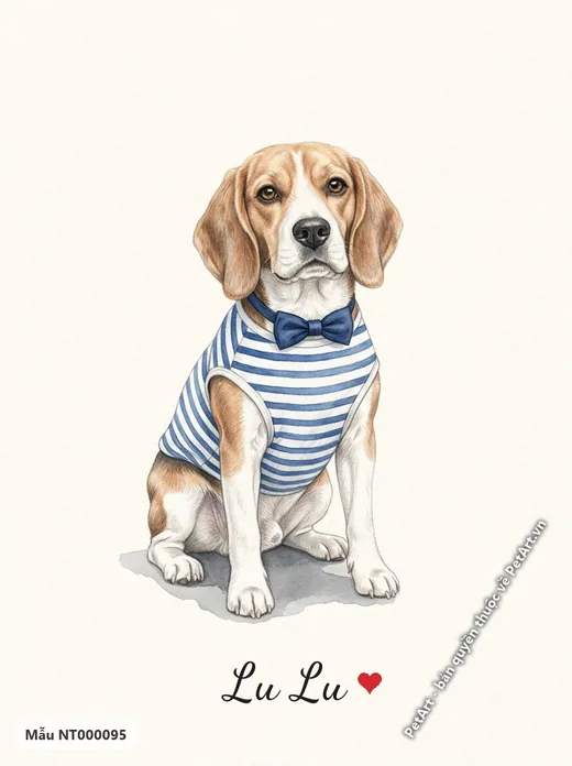 Tranh chó Beagle mặc áo sọc nơ xanh đáng yêu · ảnh tranh