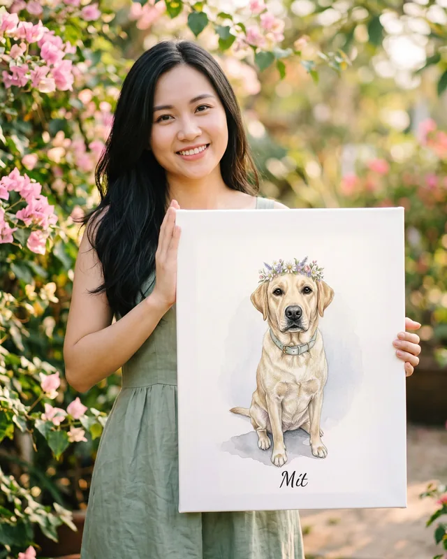 Tranh bé diện đồ xinh · chó ta vàng