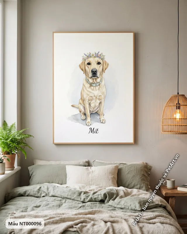 Tranh chó ta vàng đội vòng hoa xinh xắn · góc khác