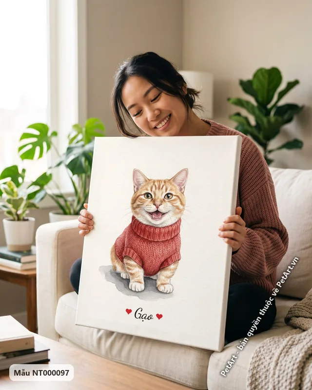Tranh mèo chân ngắn mặc áo len đỏ tươi · góc khác