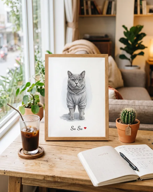 Tranh bé diện đồ xinh · mèo Anh lông ngắn