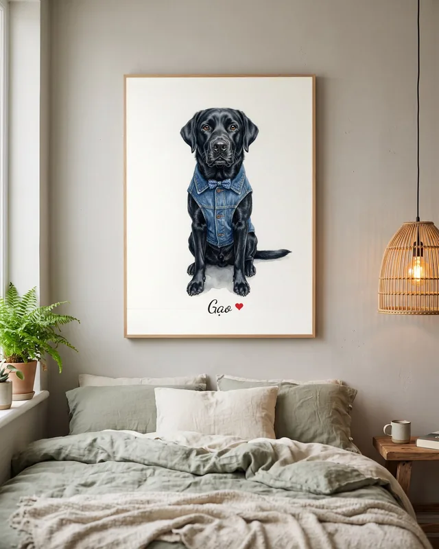 Tranh bé diện đồ xinh · Labrador đen
