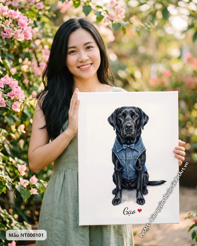 Tranh chó Labrador đen mặc áo jean lịch lãm · góc khác