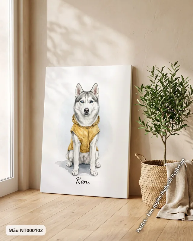 Husky diện áo mưa vàng · góc khác