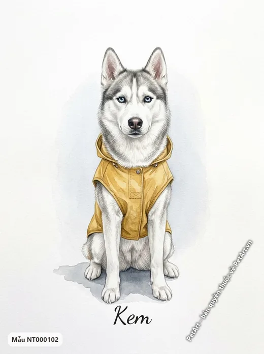 Husky diện áo mưa vàng · ảnh tranh