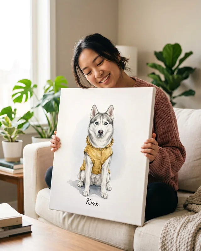 Tranh bé diện đồ xinh · Husky