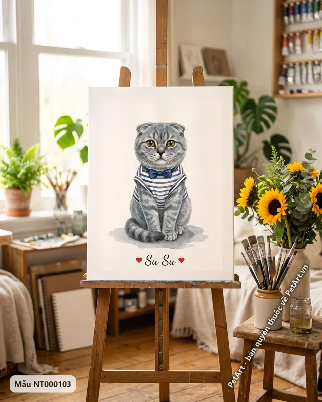 Tranh bé diện đồ xinh · mèo tai cụp