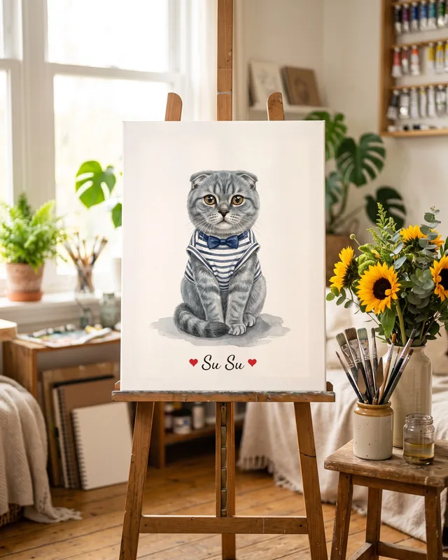Tranh bé diện đồ xinh · mèo tai cụp