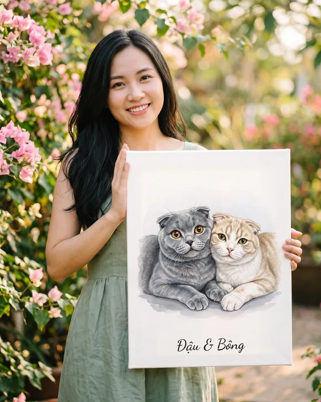 Tranh hai bé bên nhau · mèo tai cụp