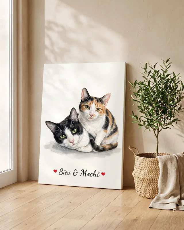 Tranh hai bé bên nhau · mèo bò sữa