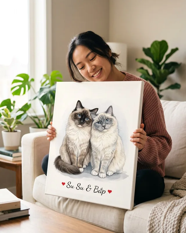 Tranh hai bé bên nhau · mèo Ragdoll