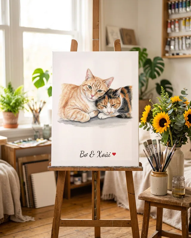 Tranh hai bé bên nhau · mèo mướp cam