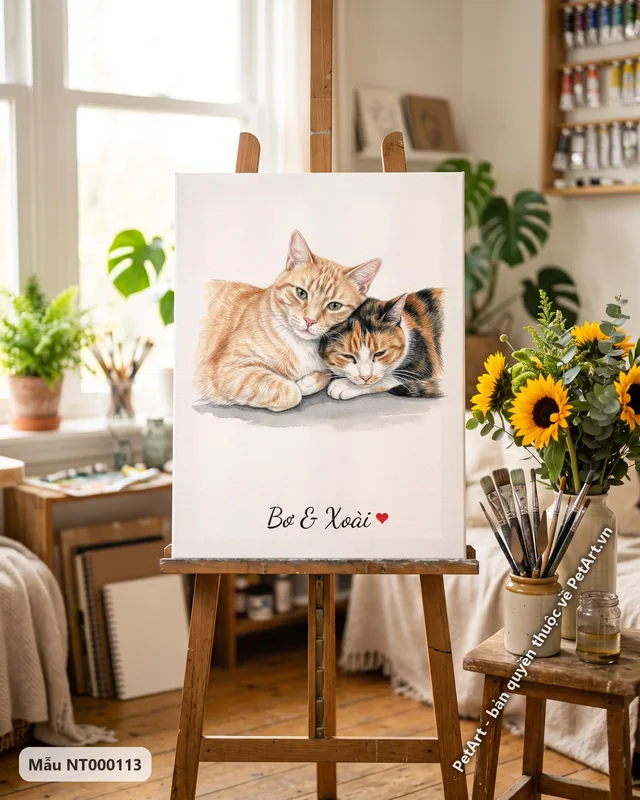 Tranh hai bé bên nhau · mèo mướp cam