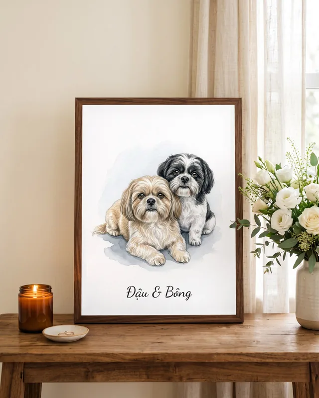 Tranh hai bé bên nhau · Shih Tzu