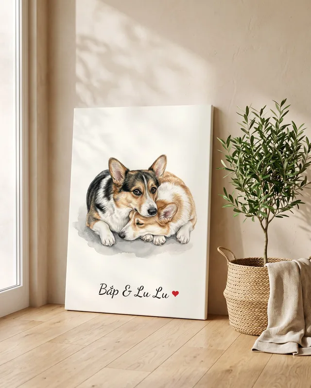 Tranh hai bé bên nhau · Corgi