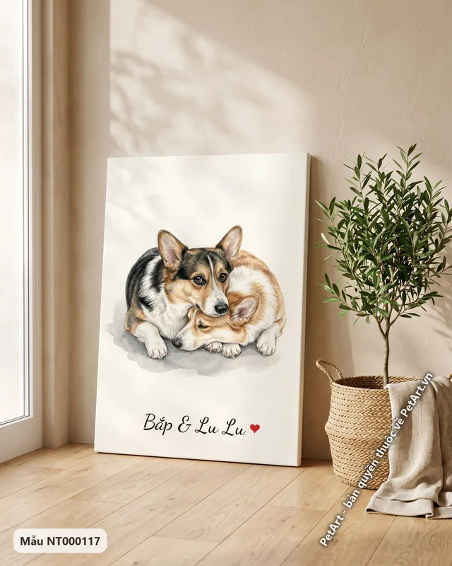 Tranh hai bé bên nhau · Corgi