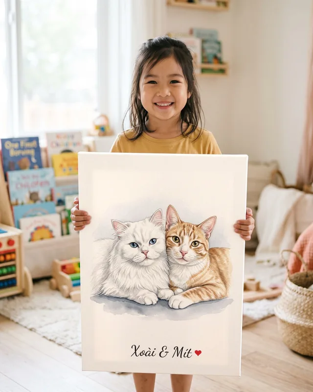 Tranh hai bé bên nhau · mèo Ba Tư