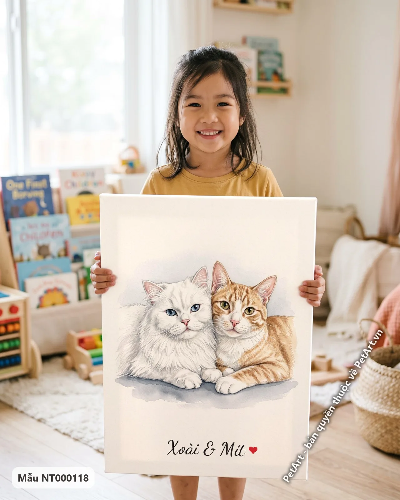 Ảnh thực tế: Hai chú mèo, một Ba Tư trắng mắt xanh và một mướp cam, đang nằm cạnh nhau trên nền trắng, nhìn thẳng.