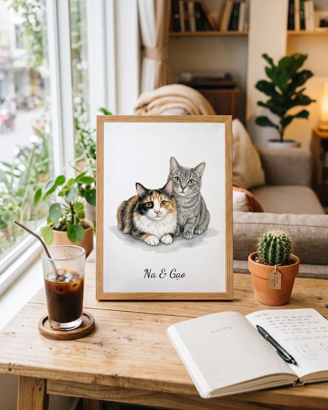 Tranh hai bé bên nhau · mèo chân ngắn