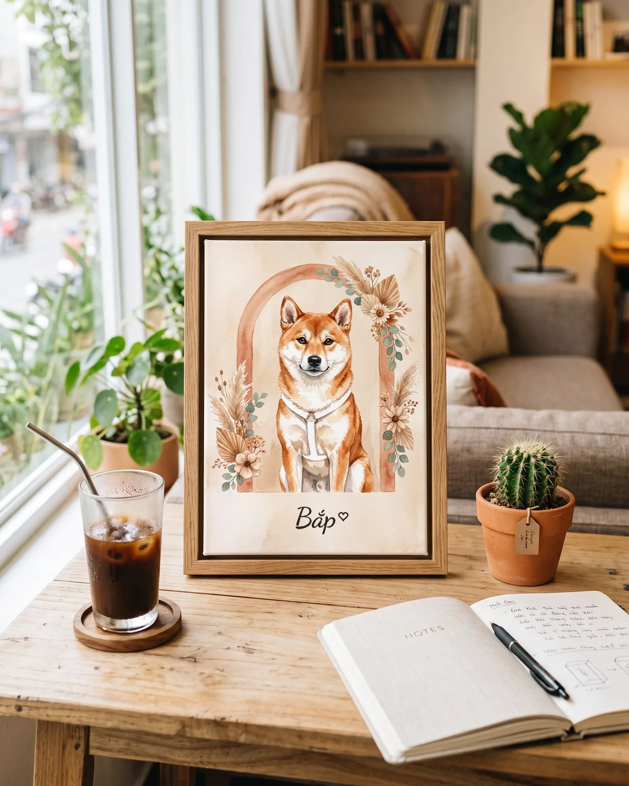 Tranh hoa lá Boho · Shiba · Ảnh thực tế