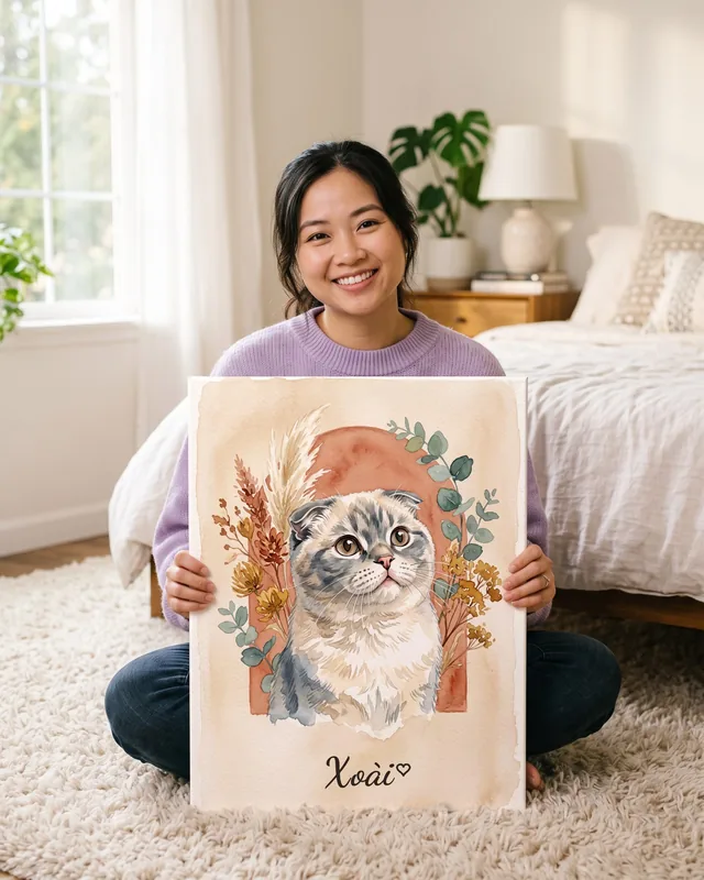 Tranh hoa lá Boho · mèo tai cụp