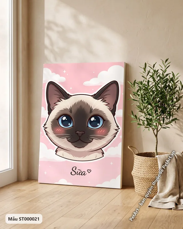 Mèo Xiêm Chibi mắt to, nền hồng mây · ảnh thực tế