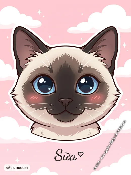 Mèo Xiêm Chibi mắt to, nền hồng mây · ảnh tranh