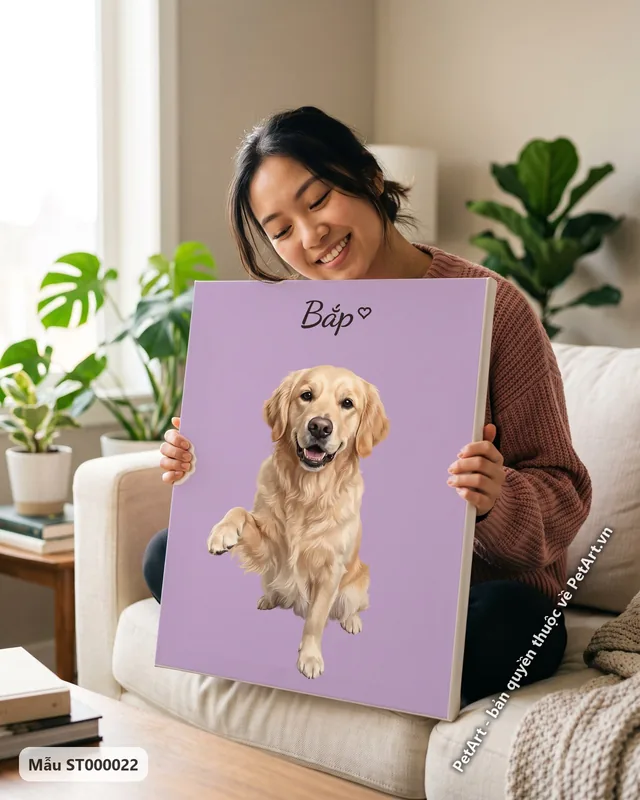 Chó Golden ngồi giơ chân, nền tím đơn sắc · ảnh thực tế