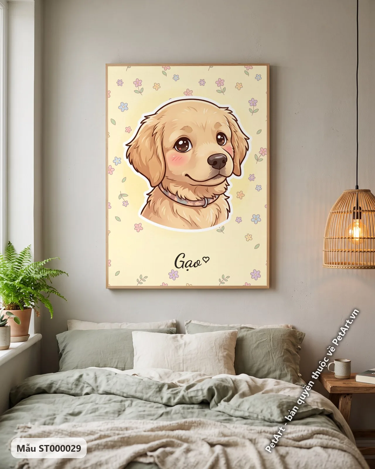 Ảnh thực tế: Chú chó Golden Retriever con phong cách Chibi hoạt hình, đeo vòng cổ hồng, nền vàng nhạt điểm hoa nhỏ.