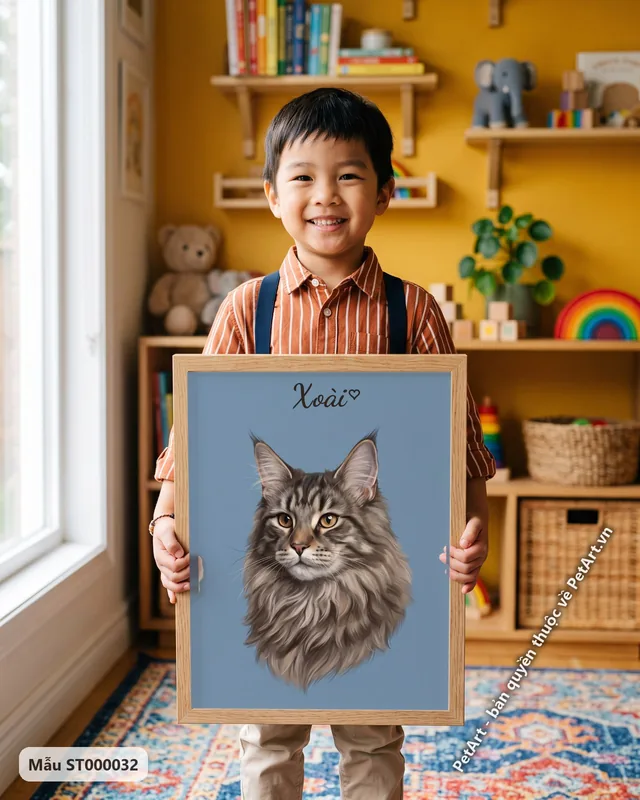 Mèo Maine Coon chân dung nền xanh · ảnh thực tế